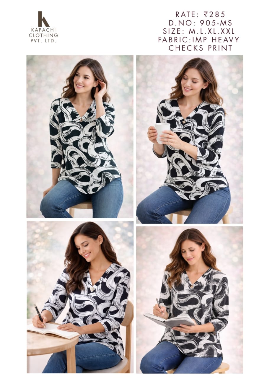 Abstract Swirl Print Top for Women - V-Neck A-Line Silhouette - Sizes M L XL XXL - Black White - D.No. 905-MS - Kapachi Clothing