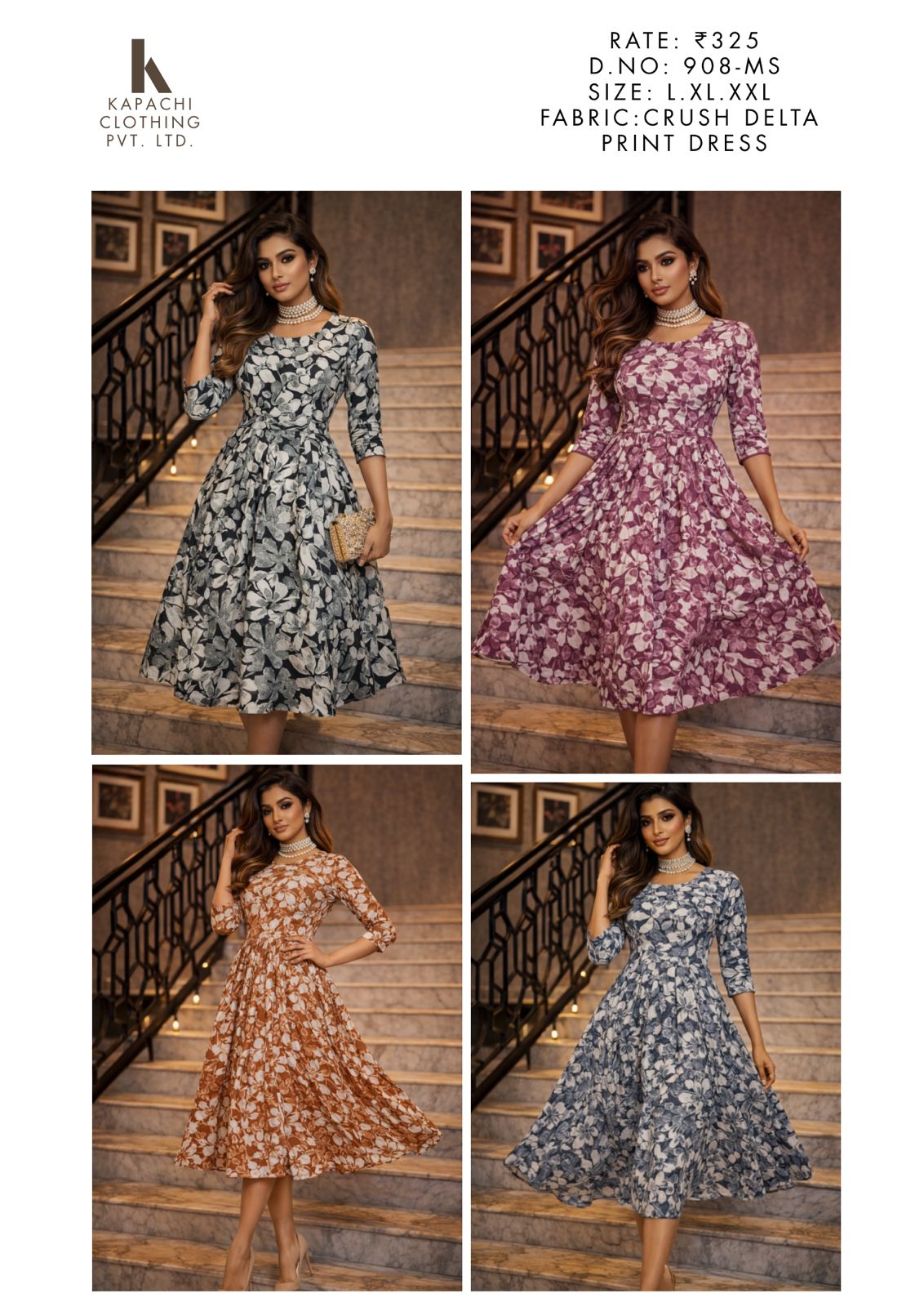 Floral Print Crush Fabric Flared Midi Dress for Women - Fitted Bodice Full Flare - Sizes L XL XXL - 4 Colours - D.No. 908-MS - Kapachi Clothing
