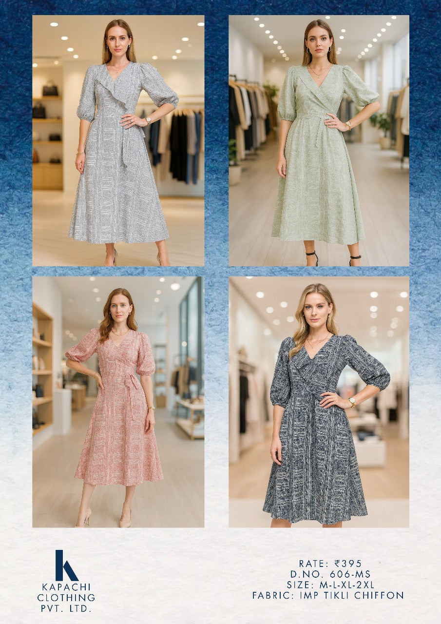 Imported Tikli Chiffon Wrap Midi Dress for Women - Puff Sleeves Self-Tie Belt - Sizes M L XL 2XL - 4 Colour Variants - D.No. 606-MS - Kapachi Clothing