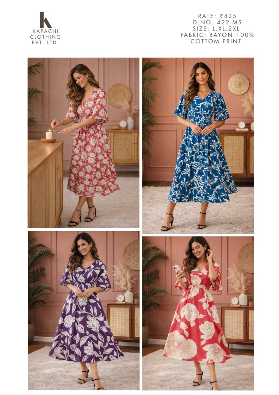 100% Rayon Floral Print Flared Midi Dress for Women - V-Neck Flutter Sleeves - Sizes L XL 2XL - 4 Colour Variants - D.No. 422-MS - Kapachi Clothing