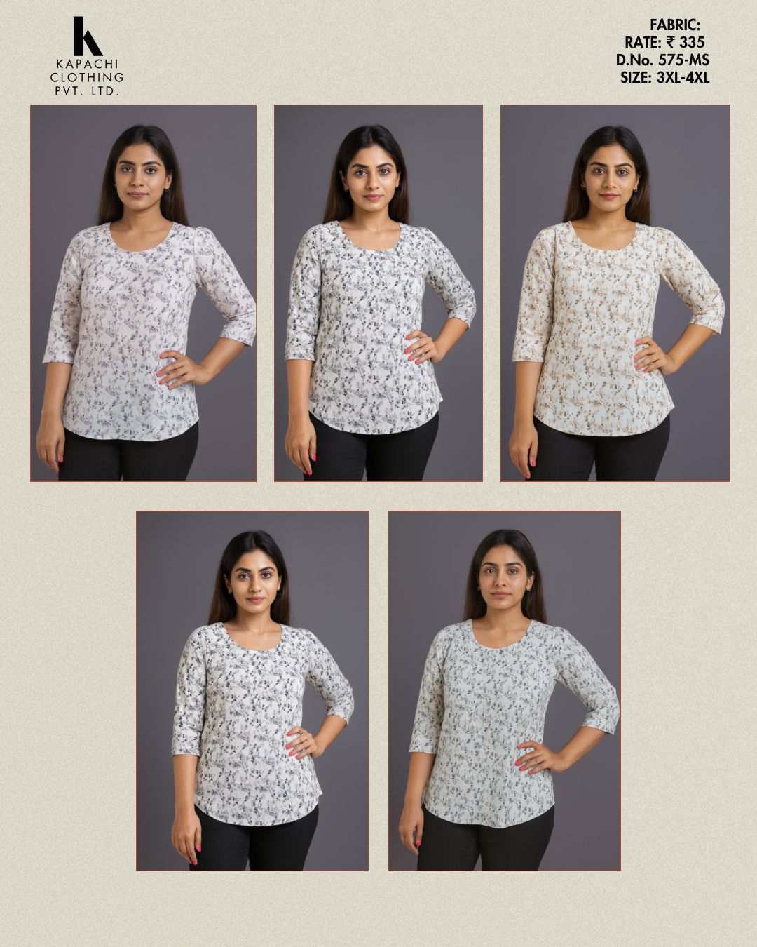Ditsy Floral Print Relaxed Top for Women Plus Size 3XL 4XL - Round Neck 3/4 Sleeve Curved Hem - 5 Colour Variants - D.No. 575-MS - Kapachi Clothing