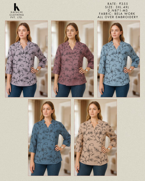 Bela Work Allover Embroidery Top for Women Plus Size 3XL 4XL - V-Neck 3/4 Sleeve - 5 Colour Variants - D.No. 871-MS - Kapachi Clothing