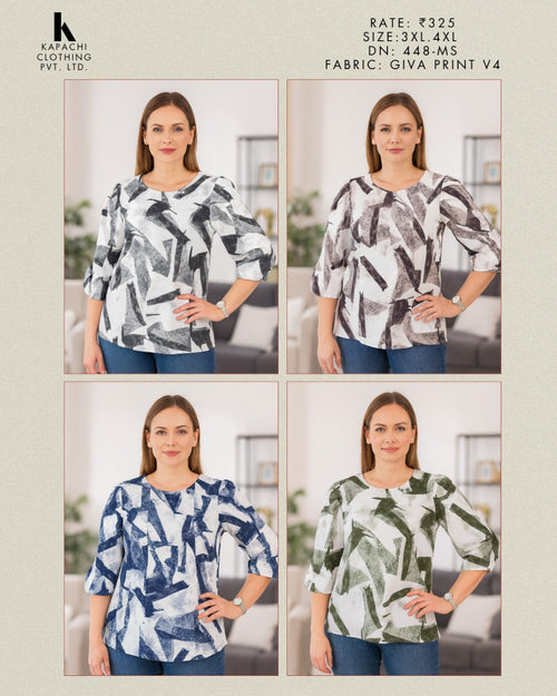 Abstract Print Balloon Sleeve Top for Women Plus Size 3XL 4XL - Round Neck Gathered Cuff - 4 Colour Variants - D.No. 448-MS - Kapachi Clothing