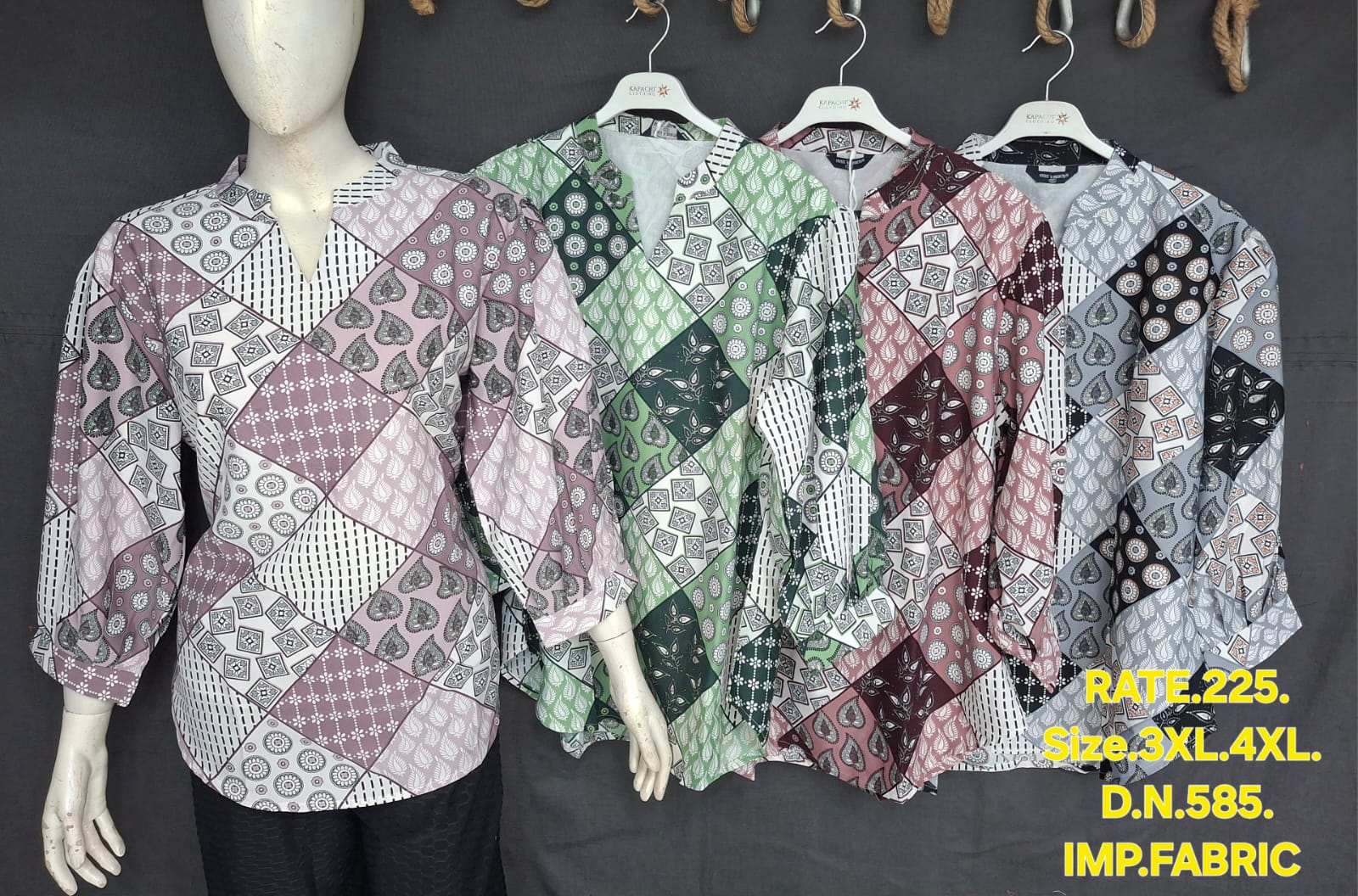 Patchwork Indian Motif Print Top for Women Plus Size 3XL 4XL - V-Neck 3/4 Sleeve - 4 Colour Variants - D.No. 585 - Kapachi Clothing