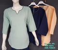 Solid Notch Neck Longline Top for Women Plus Size 3XL 4XL - Contrast Trim 3/4 Sleeve - Sage Green Navy Peach - D.No. 708B45 - Kapachi Clothing