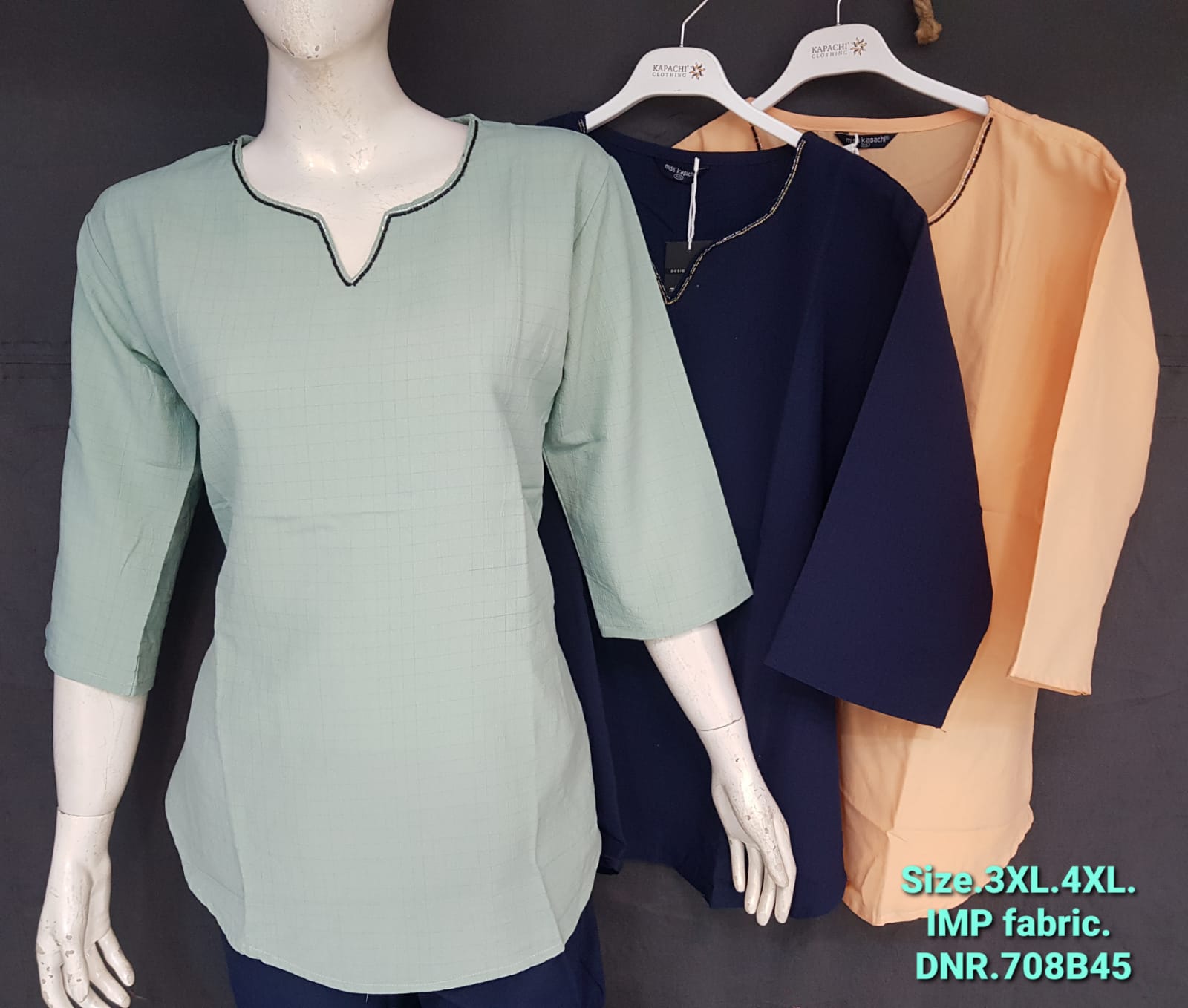 Solid Notch Neck Longline Top for Women Plus Size 3XL 4XL - Contrast Trim 3/4 Sleeve - Sage Green Navy Peach - D.No. 708B45 - Kapachi Clothing