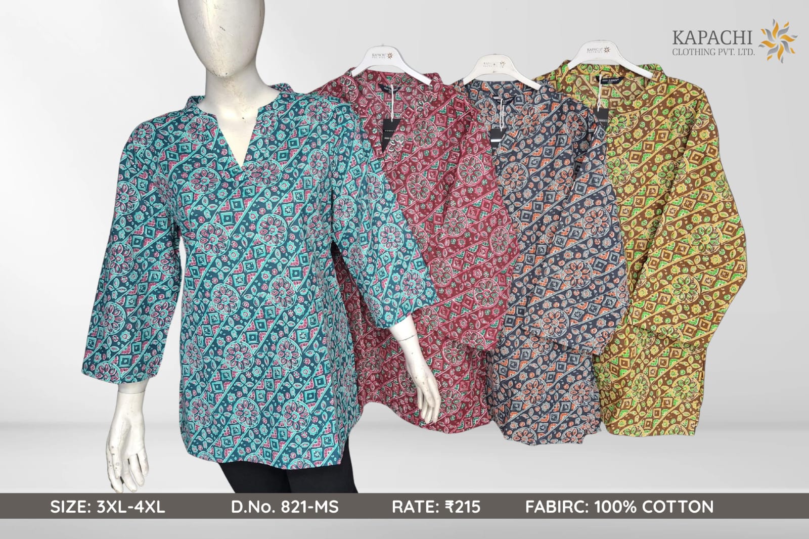 100% Cotton Sanganeri Block Print Top for Women Plus Size 3XL 4XL - V-Neck 3/4 Sleeve - 4 Colour Variants - D.No. 821-MS - Kapachi Clothing
