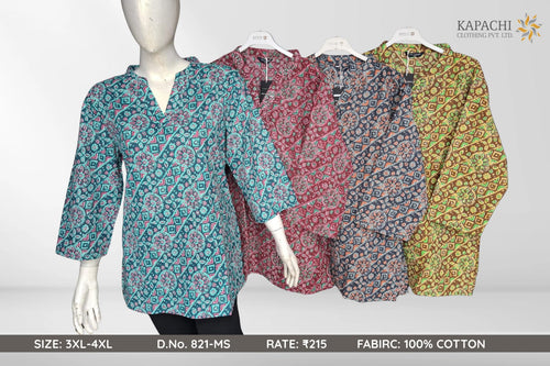 100% Cotton Sanganeri Block Print Top for Women Plus Size 3XL 4XL - V-Neck 3/4 Sleeve - 4 Colour Variants - D.No. 821-MS - Kapachi Clothing