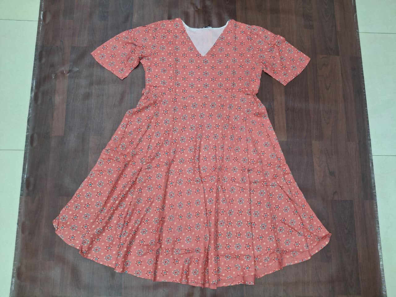 Women's V-neck floral block print fit-and-flare midi dress in dusty rose by Miss Kapachi