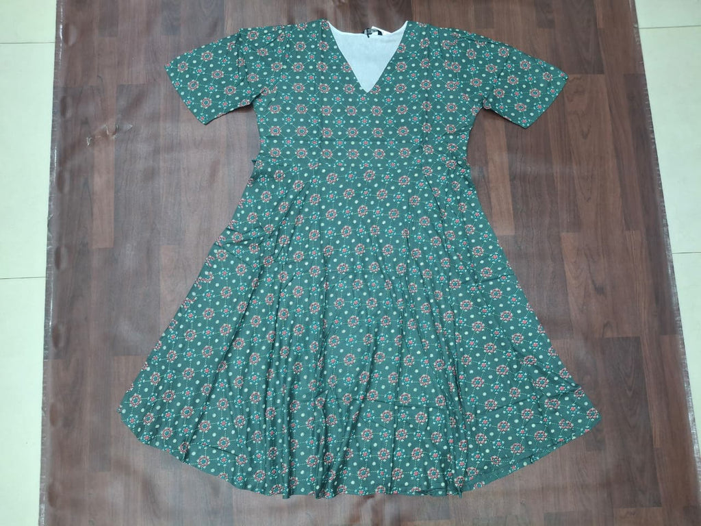 Women's V-neck floral block print fit-and-flare midi dress in emerald green by Miss Kapachi