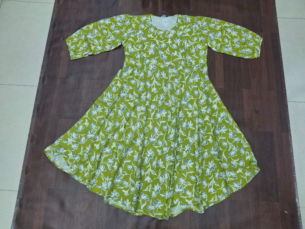 Women's round neck 3/4 sleeve floral print fit-and-flare midi dress in mustard yellow by Miss Kapachi