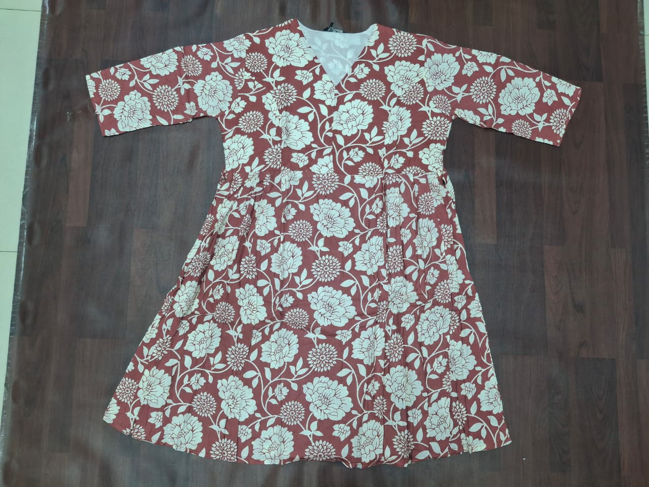 Women's 3/4 sleeve surplice V-neck floral print fit-and-flare midi dress in chocolate brown by Zero+1