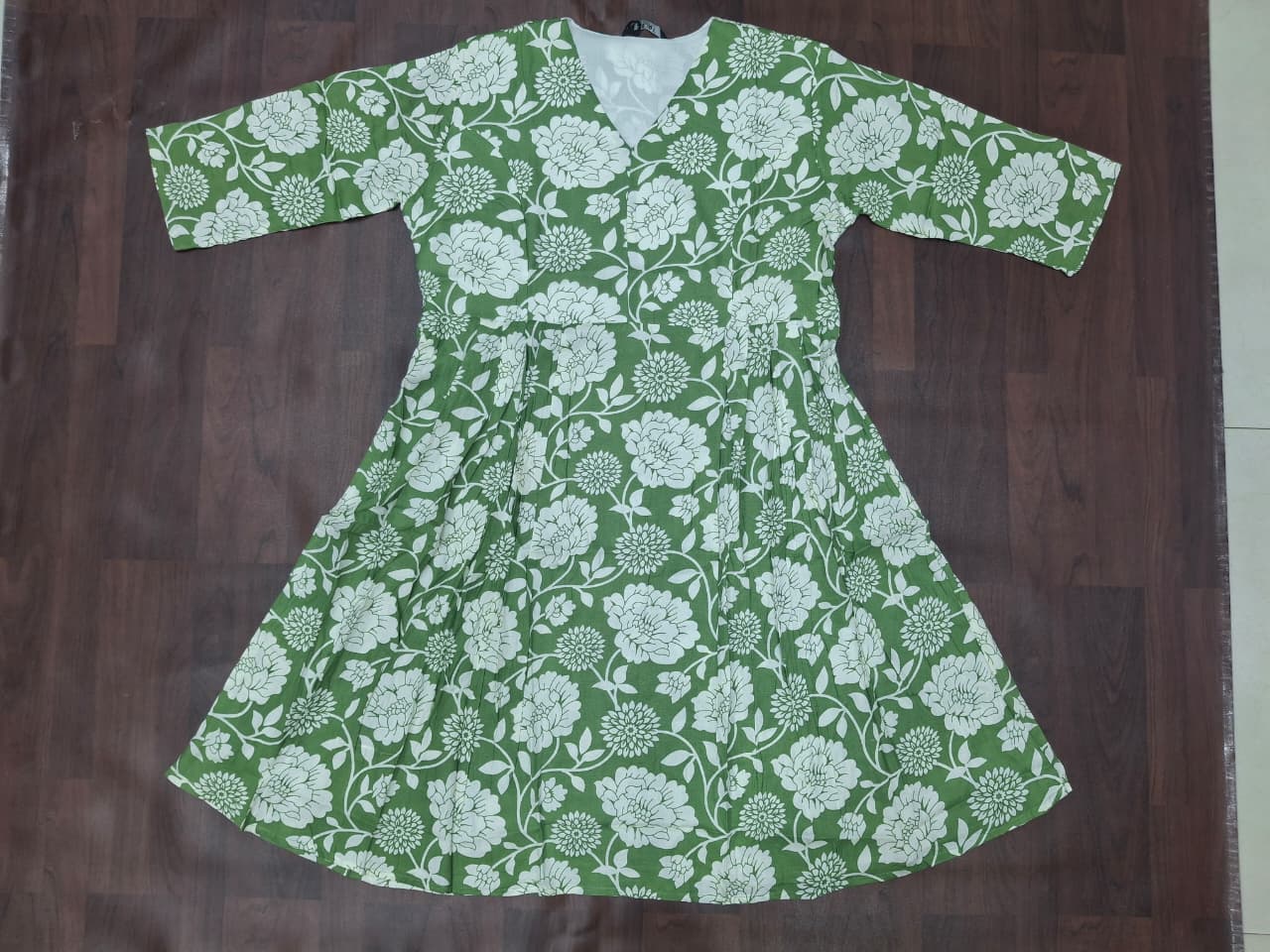 Women's 3/4 sleeve surplice V-neck floral print fit-and-flare midi dress in olive green by Zero+1