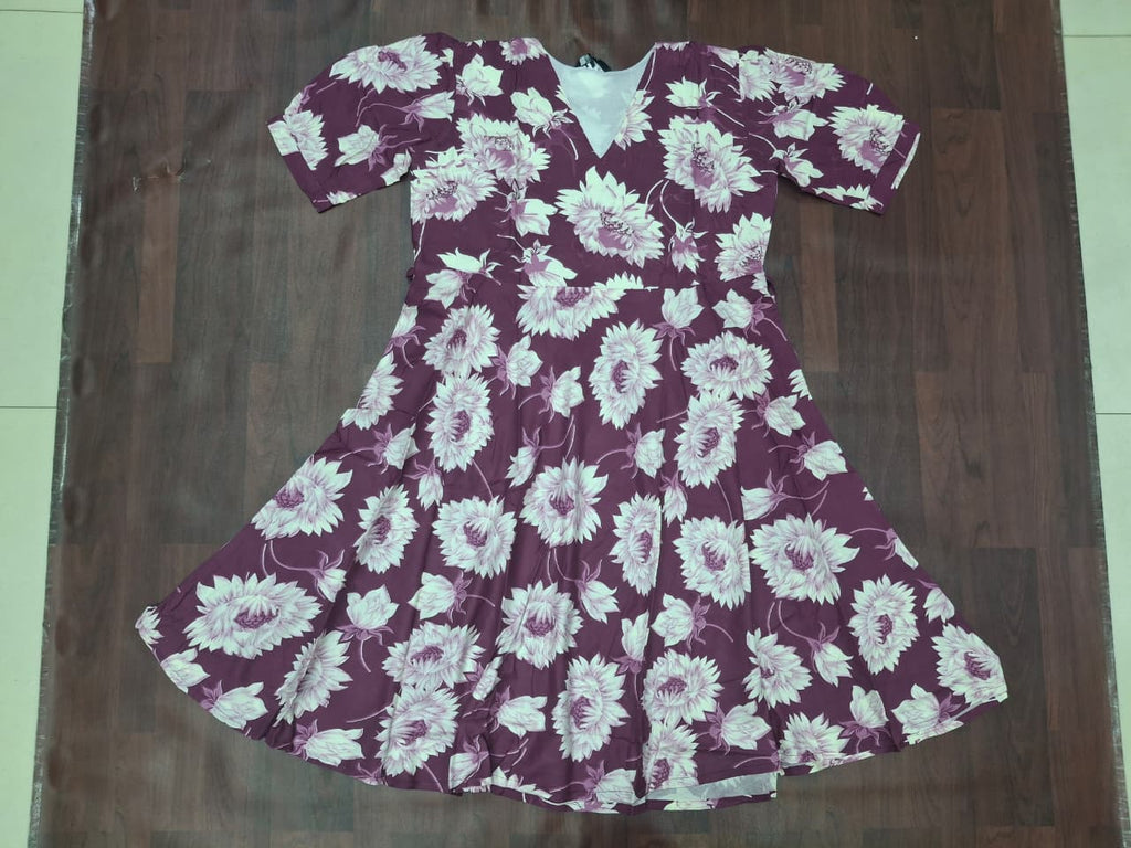 Women's V-neck short sleeve sunflower print fit-and-flare skater midi dress in wine purple by Zero+1