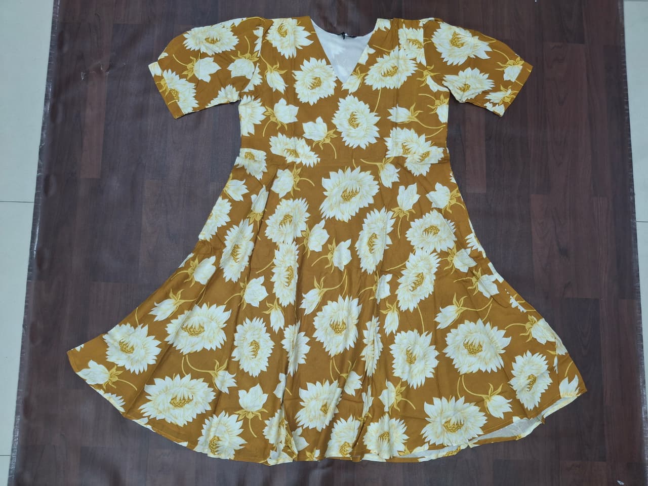 Women's V-neck short sleeve sunflower print fit-and-flare skater midi dress in mustard yellow by Zero+1