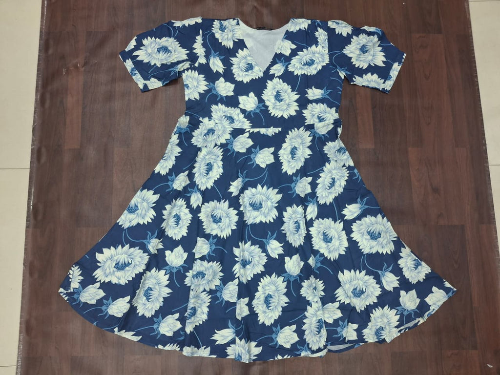 Women's V-neck short sleeve sunflower print fit-and-flare skater midi dress in navy blue by Zero+1