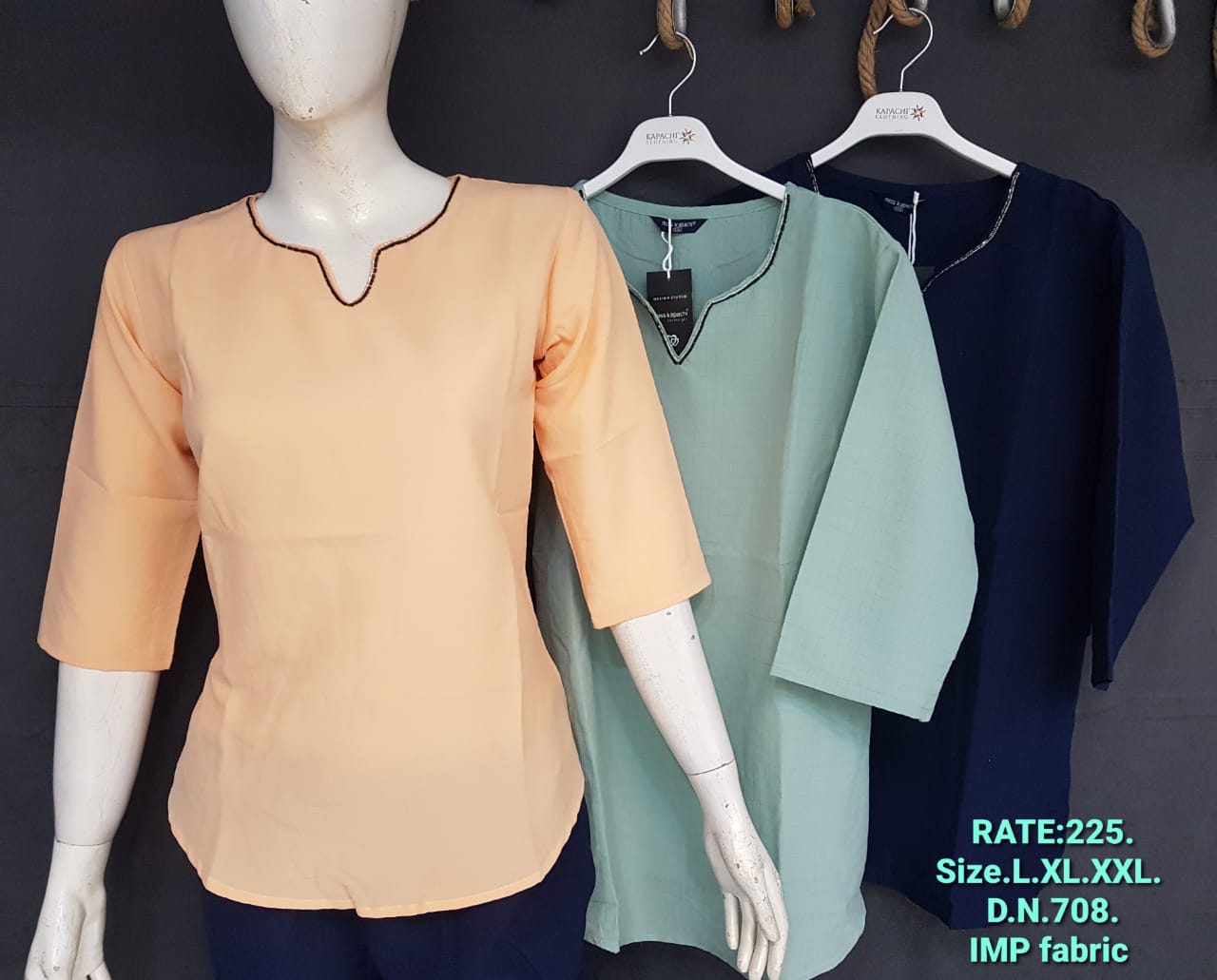 Miss Kapachi D.N. 708 Solid Notch Neck Top in Peach, Sage Green and Navy Blue – front view