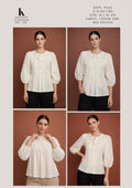 Miss Kapachi D.N. 861-MS Cream Embroidered Puff Sleeve Top with bow neckline and pintuck front detail – 4 style views