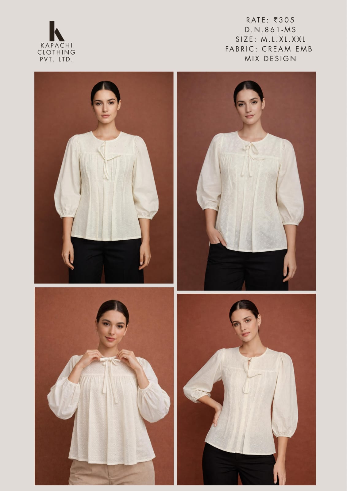 Miss Kapachi D.N. 861-MS Cream Embroidered Puff Sleeve Top with bow neckline and pintuck front detail – 4 style views