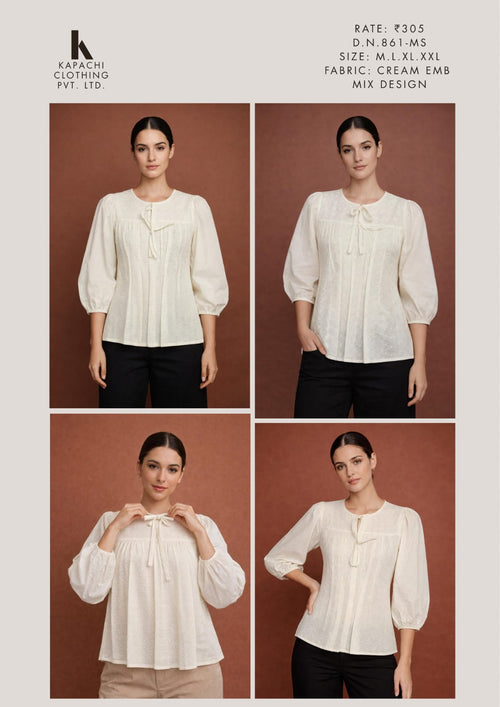 Miss Kapachi D.N. 861-MS Cream Embroidered Puff Sleeve Top with bow neckline and pintuck front detail – 4 style views