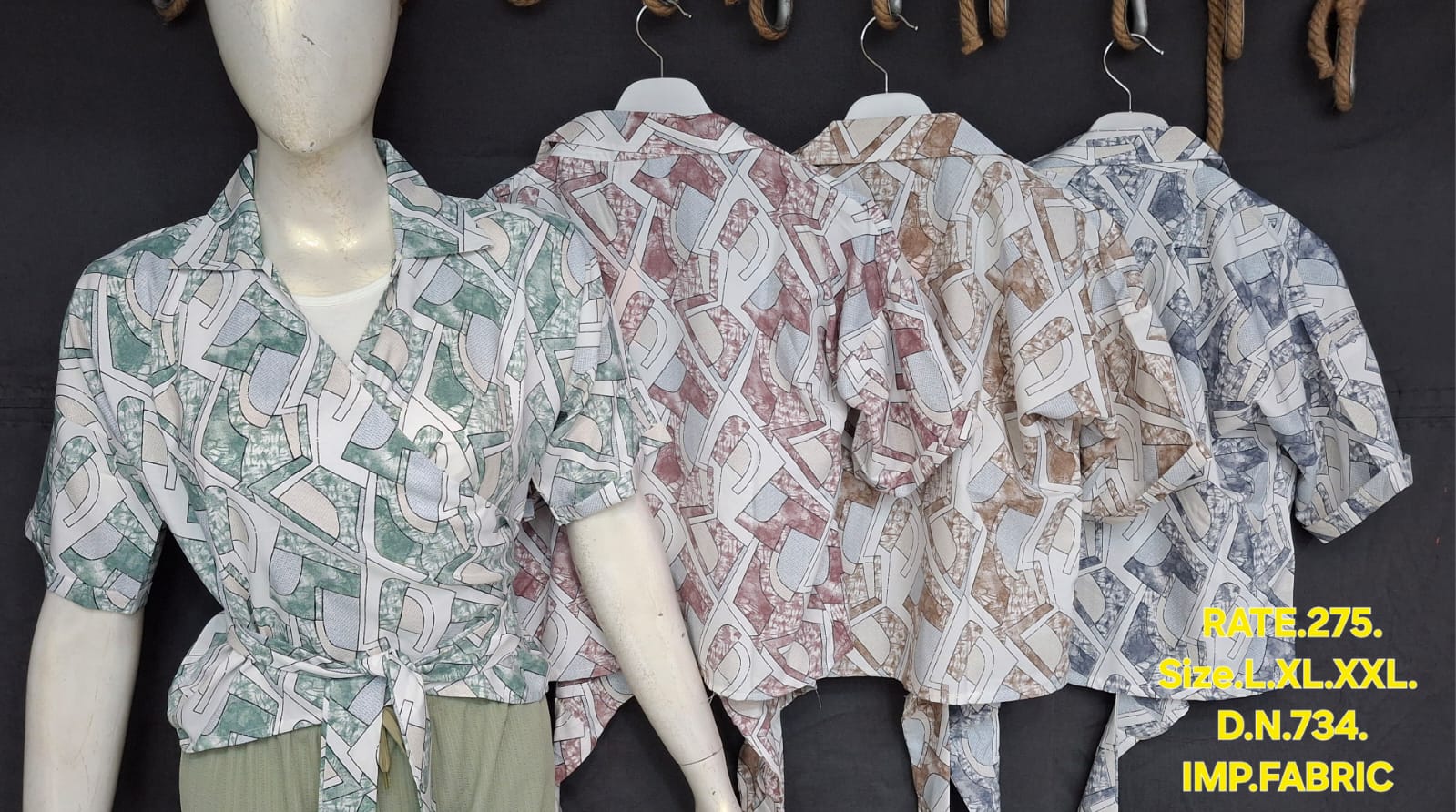 Miss Kapachi D.N. 734 Printed Tie-Knot Crop Top in Sage Green, Mauve Pink and Blue Grey – front view
