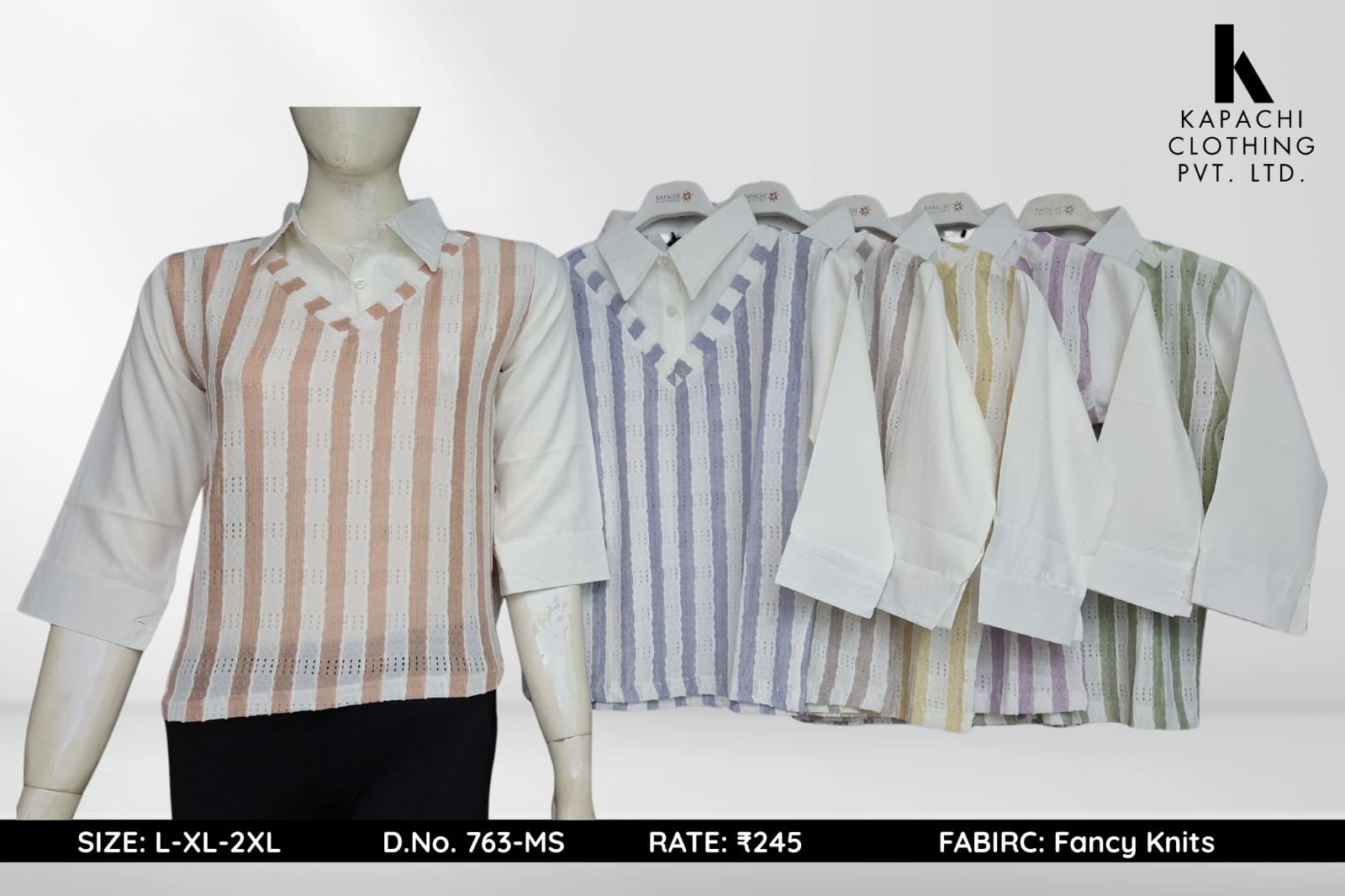 Miss Kapachi D.N. 763-MS Fancy Knits Striped Polo Top in Beige, Grey, Lavender and Sage Green – front view