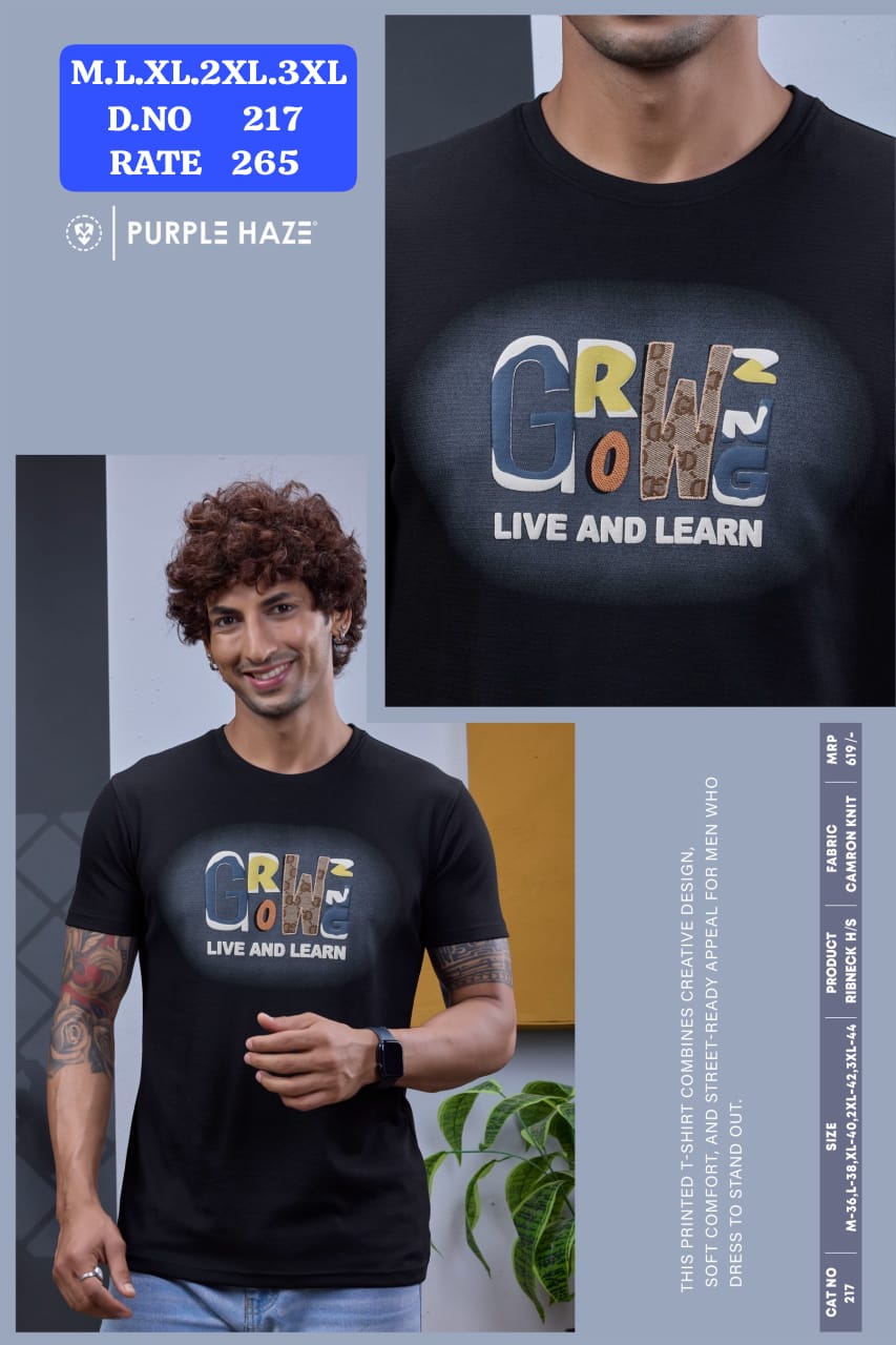 Purple Haze Men's Graphic Printed T-Shirt Black Grow Live and Learn Print - Detail and Full Body