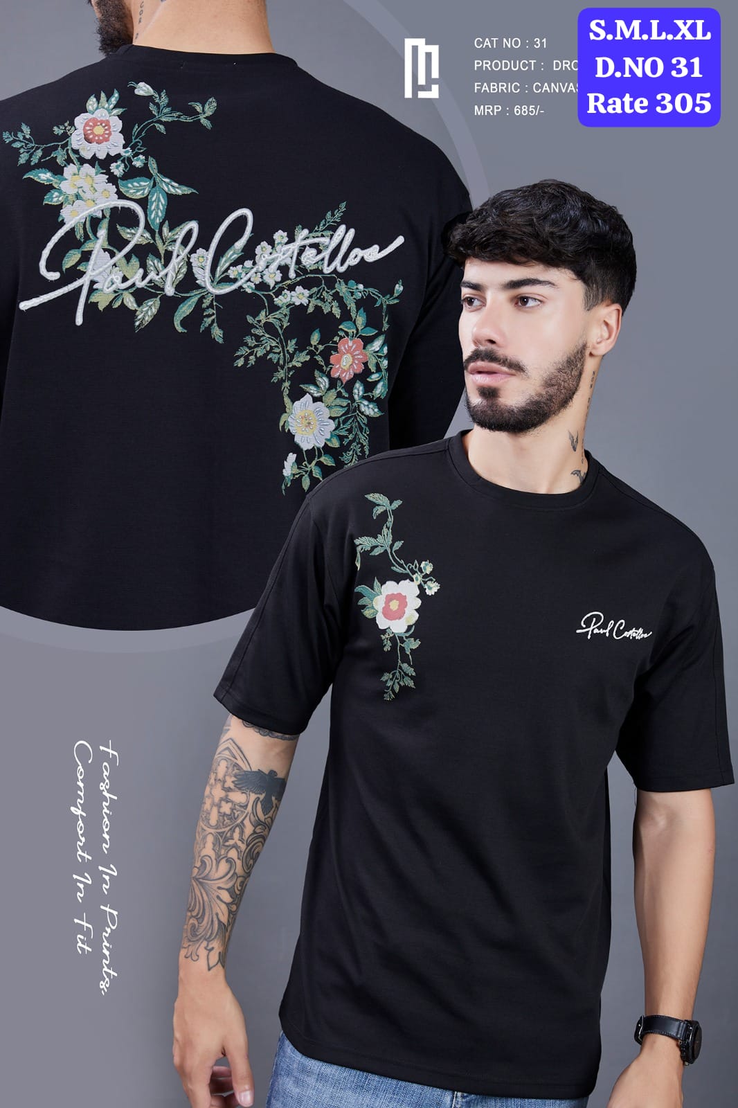 Maniac Street Wear Men's Floral Graphic Drop Shoulder T-Shirt Peach Always Fearless Back Print - Back View