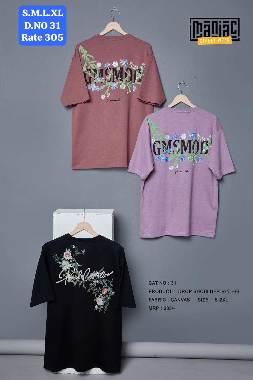 Maniac Street Wear Men's Floral Graphic Drop Shoulder T-Shirt Charcoal Grey Paul Castillo Floral Script - Back View