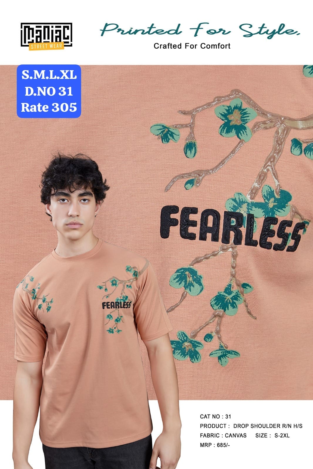 Maniac Street Wear Men's Floral Graphic Drop Shoulder T-Shirt Steel Blue Mr No Da Money Enjoy Flowers Sunflower - Back View