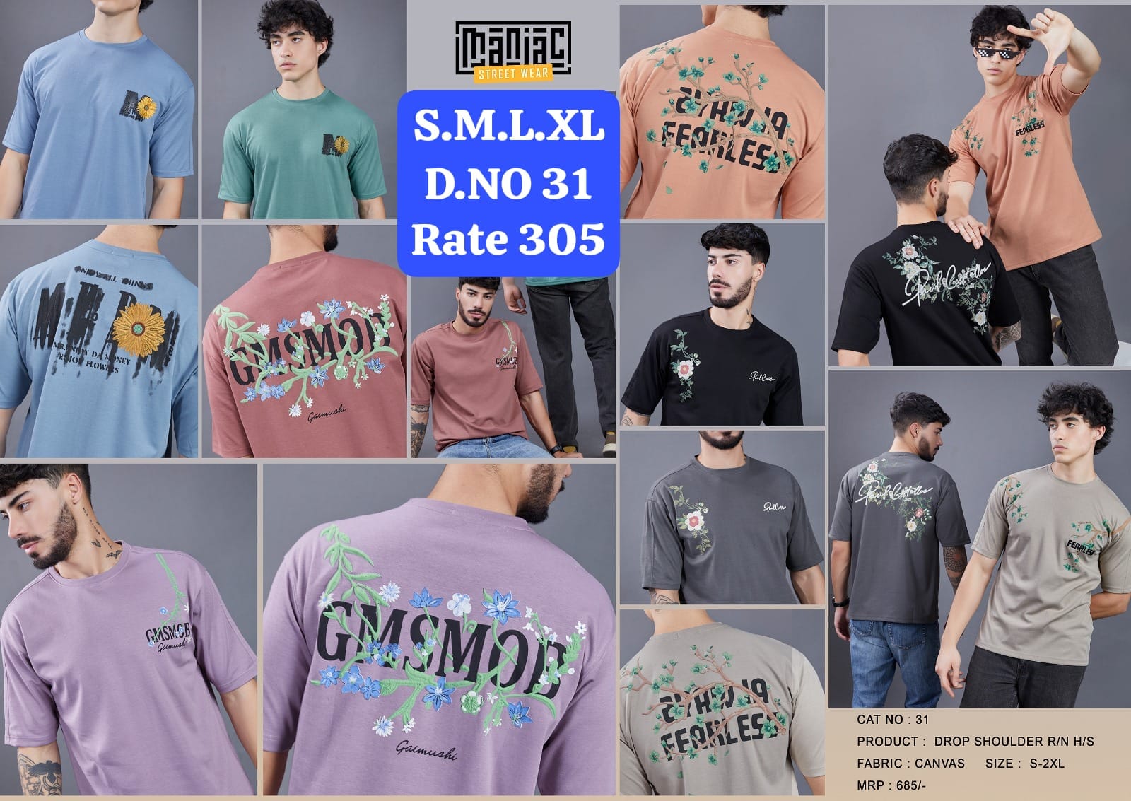 Maniac Street Wear Men's Floral Graphic Drop Shoulder T-Shirt D.No. 31 - Additional Lifestyle View 2