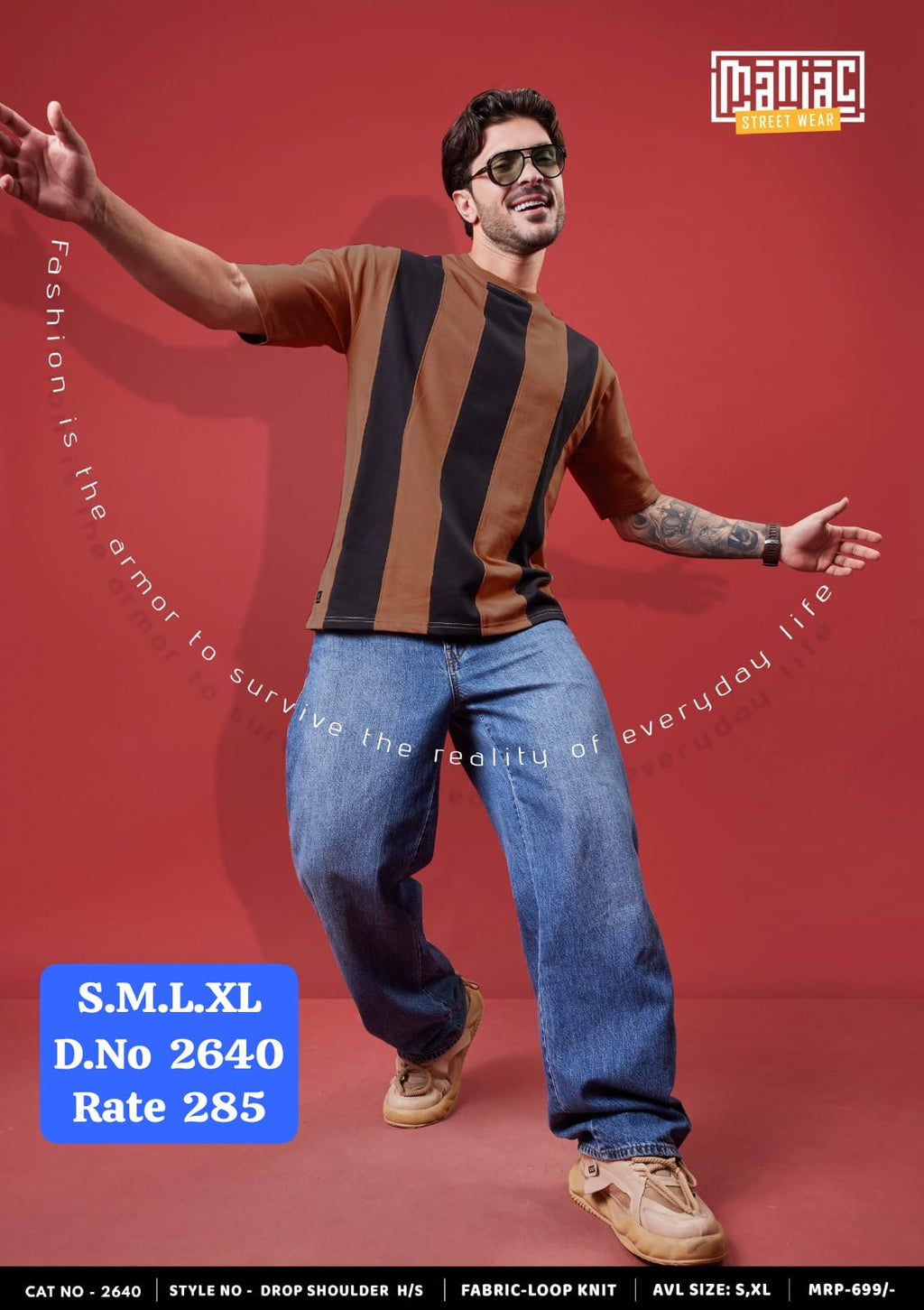 Maniac Street Wear Men's Vertical Stripe Drop Shoulder T-Shirt D.No. 2640 - All Colour Variants Collage
