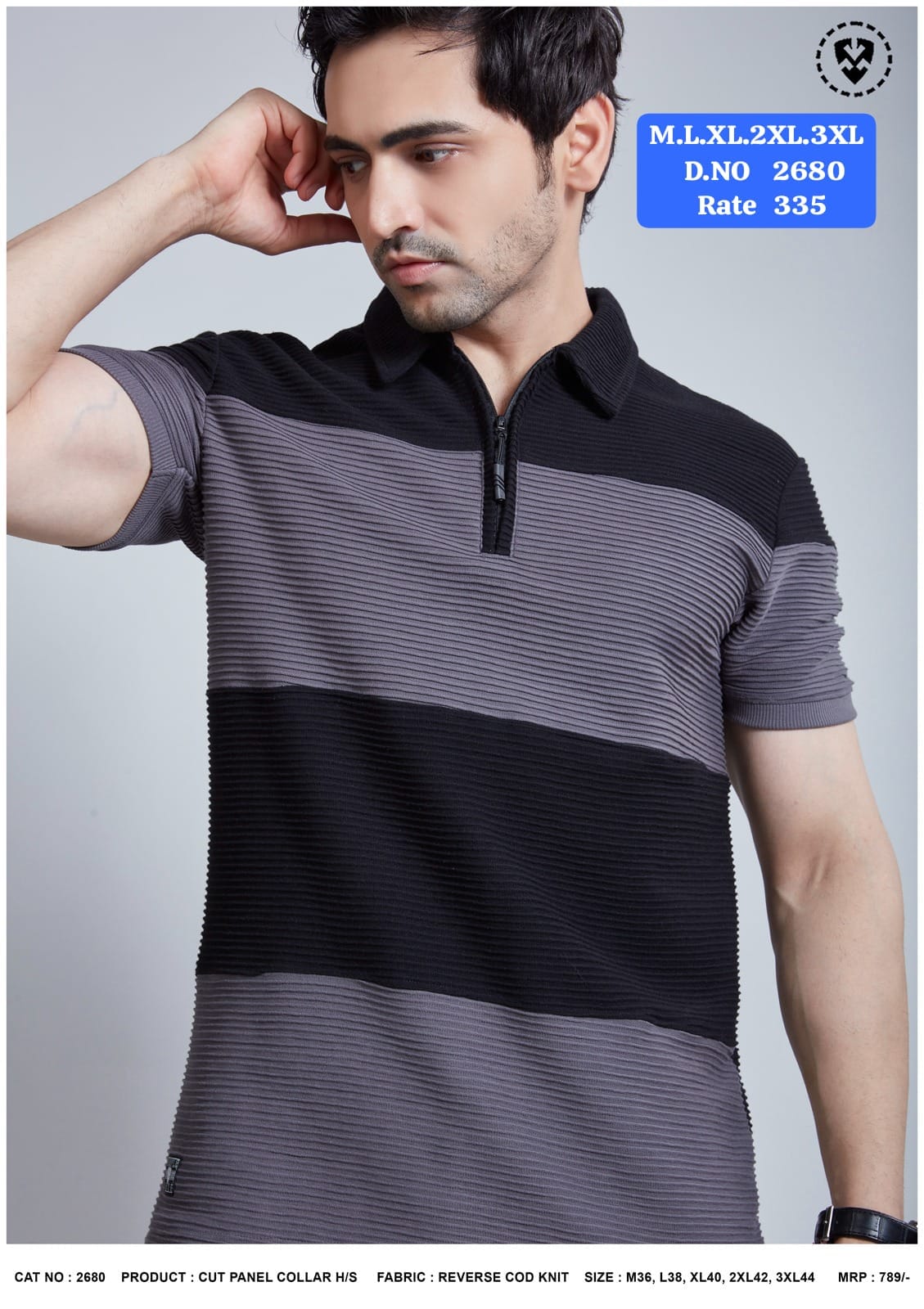 Purple Haze Men's Cut Panel Zip Collar Polo T-Shirt Teal Charcoal and Black Grey - Dual Model View
