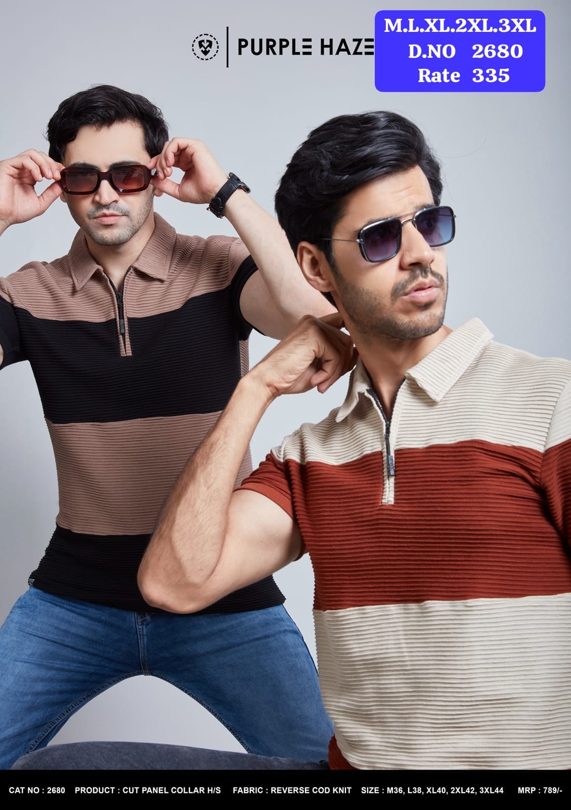 Purple Haze Men's Cut Panel Zip Collar Polo T-Shirt Grey Blue and Rust Black - Dream Wardrobe Campaign