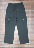 Pale blue-grey relaxed-fit cargo pants with drawstring waist and flap cargo pockets