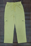 Sage green cargo pants with drawstring waist and flap cargo pockets