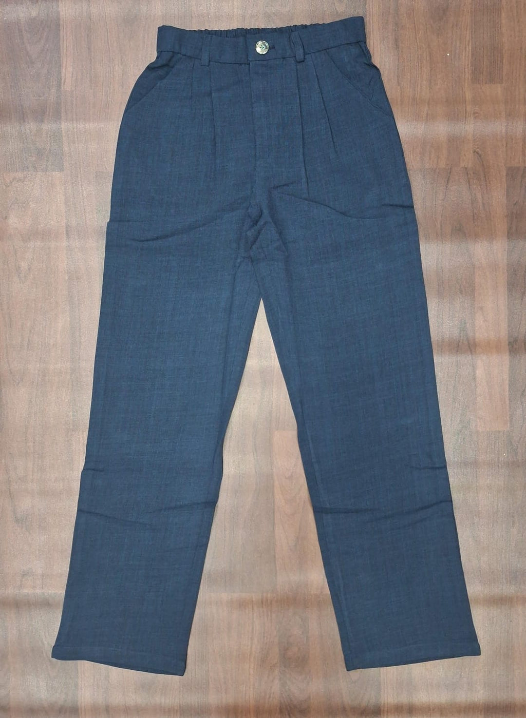 Light blue-grey textured straight-leg trousers with front pleats and pockets