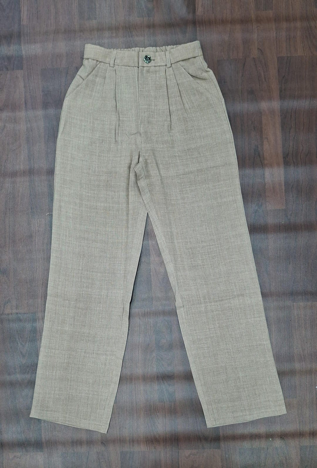 Navy textured straight-leg trousers with button closure and belt loops