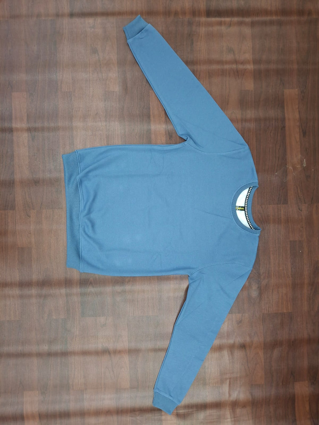 Blush pink full-sleeve round-neck sweatshirt with contrast striped neckline detail