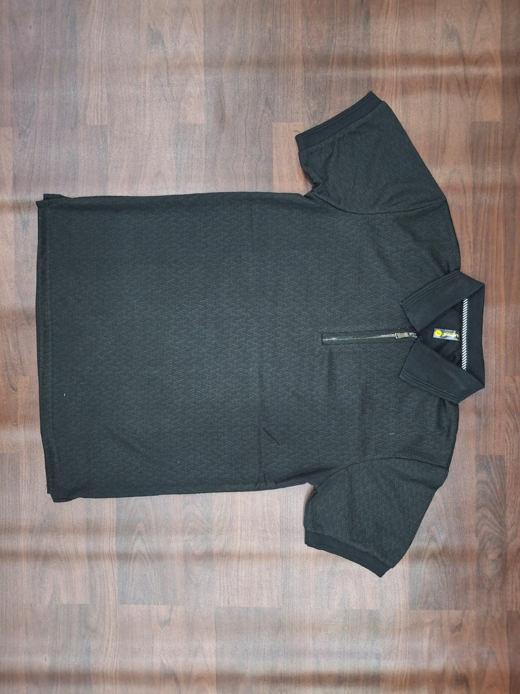 Sage green textured half-sleeve zip polo shirt with stand collar and front half-zip
