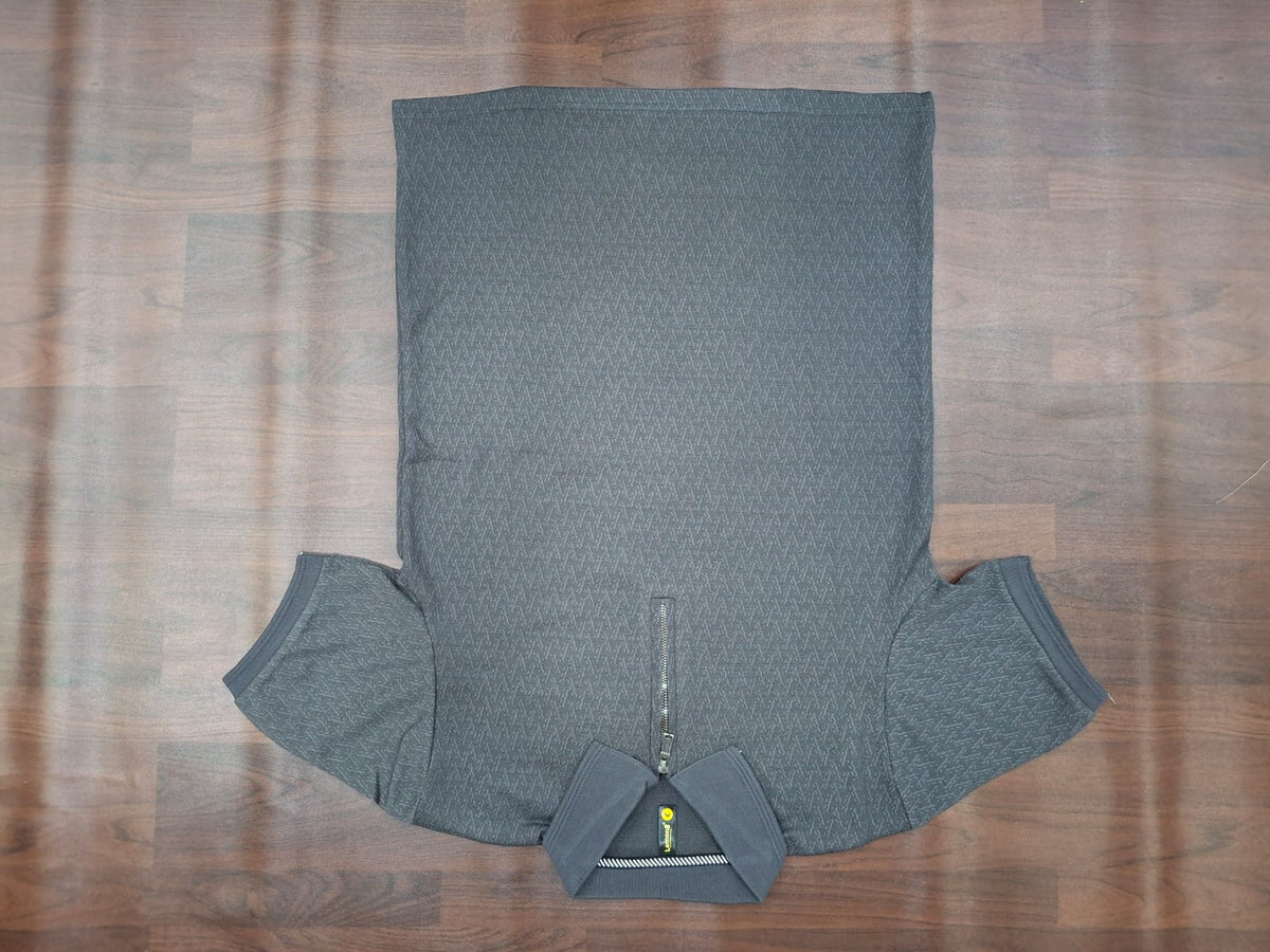 Olive green textured half-sleeve zip polo shirt with stand collar and front half-zip