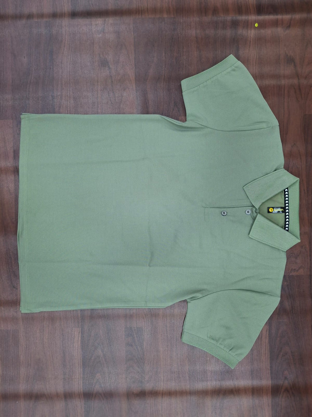 Sage green solid half-sleeve polo T-shirt with structured collar, two-button placket, and contrast trim