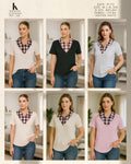 Women's short-sleeve tops with contrast checked collars and V-shaped neckline inserts, shown in six light neutral, black, grey, cream, beige and pink colourways.