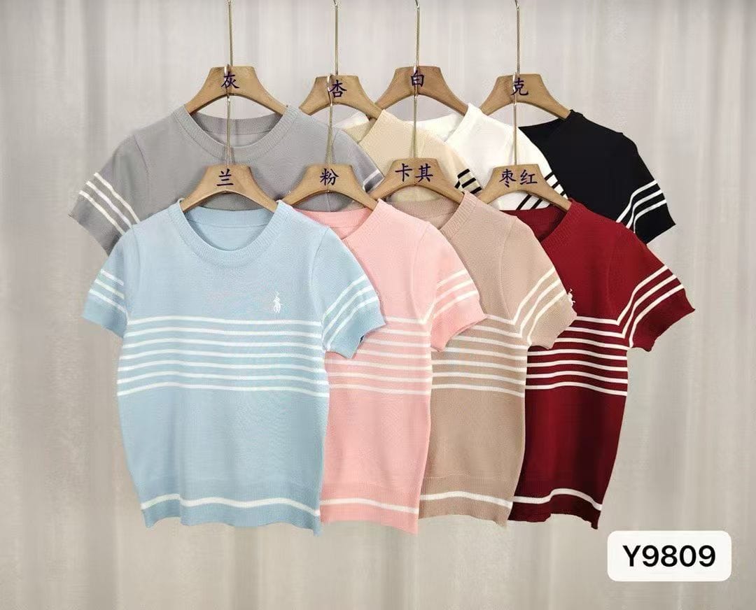 Women's Grey Striped Knit T-Shirt with Embroidered Motif – Short Sleeve Round Neck Top