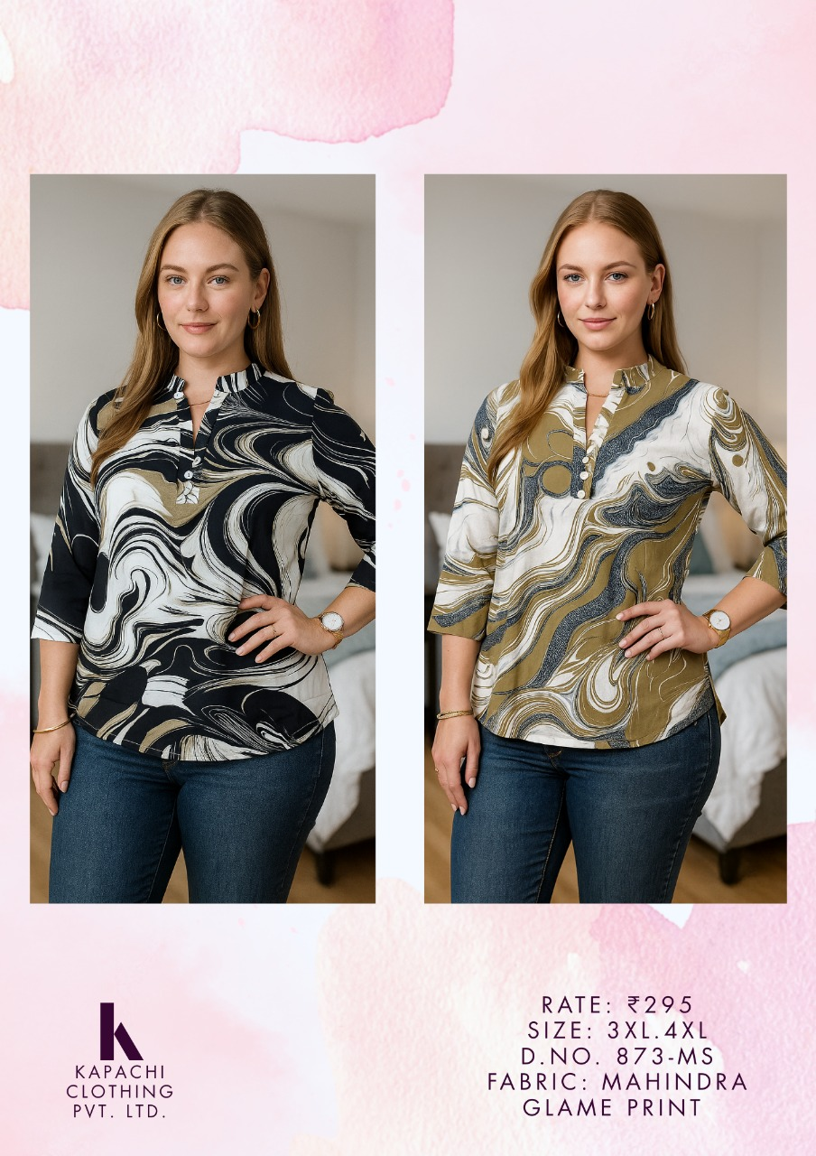 Abstract Marble Print Top for Women Plus Size 3XL 4XL - Mandarin Collar 3/4 Sleeve - D.No. 873-MS - Kapachi Clothing