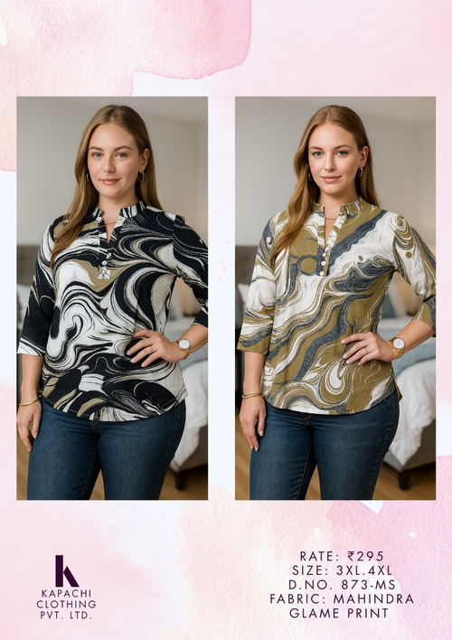Abstract Marble Print Top for Women Plus Size 3XL 4XL - Mandarin Collar 3/4 Sleeve - D.No. 873-MS - Kapachi Clothing