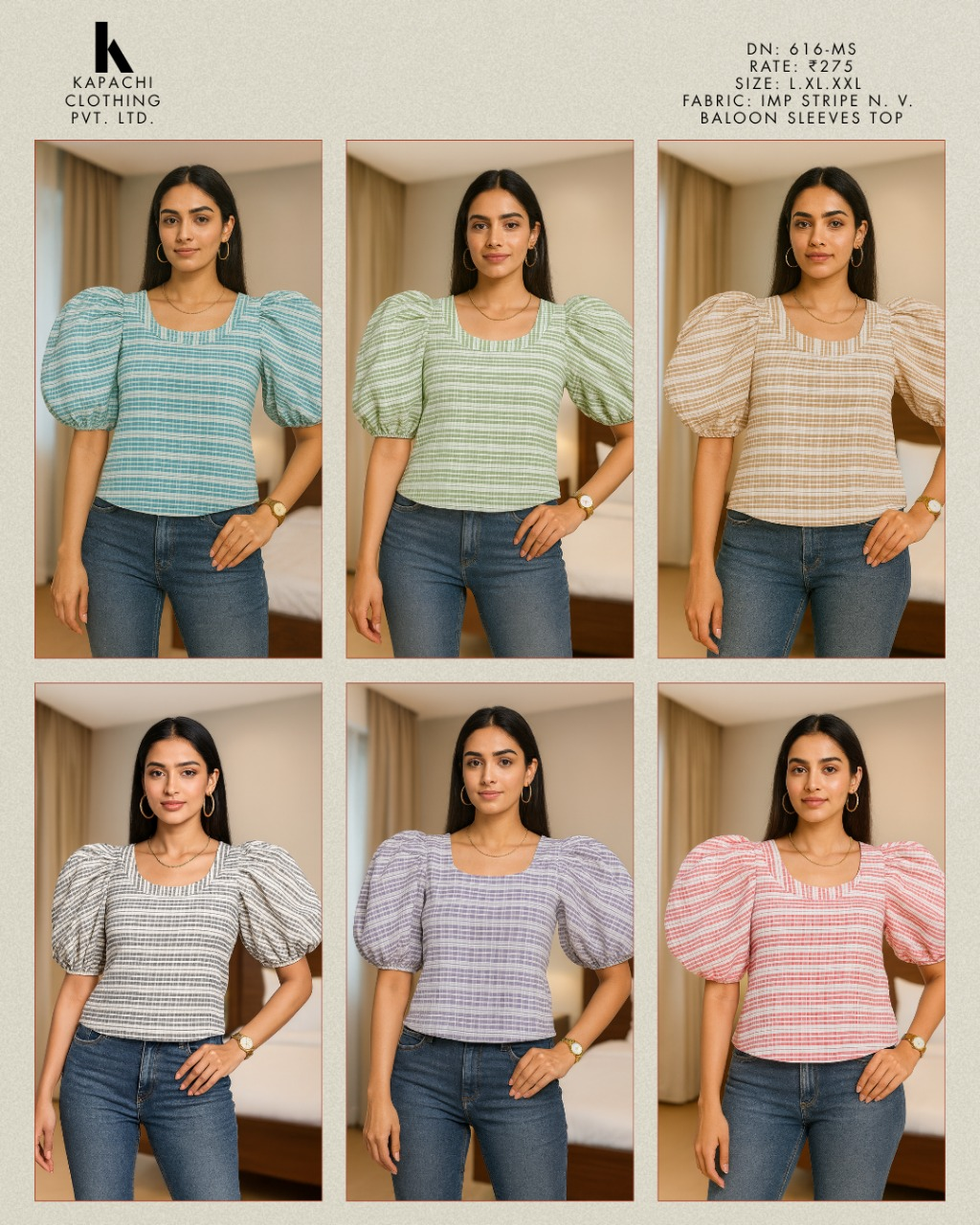 Miss Kapachi D.N. 616-MS Striped Balloon Sleeve Square Neck Top in Teal, Sage Green, Beige, White, Lavender and Pink – 6 colour variants