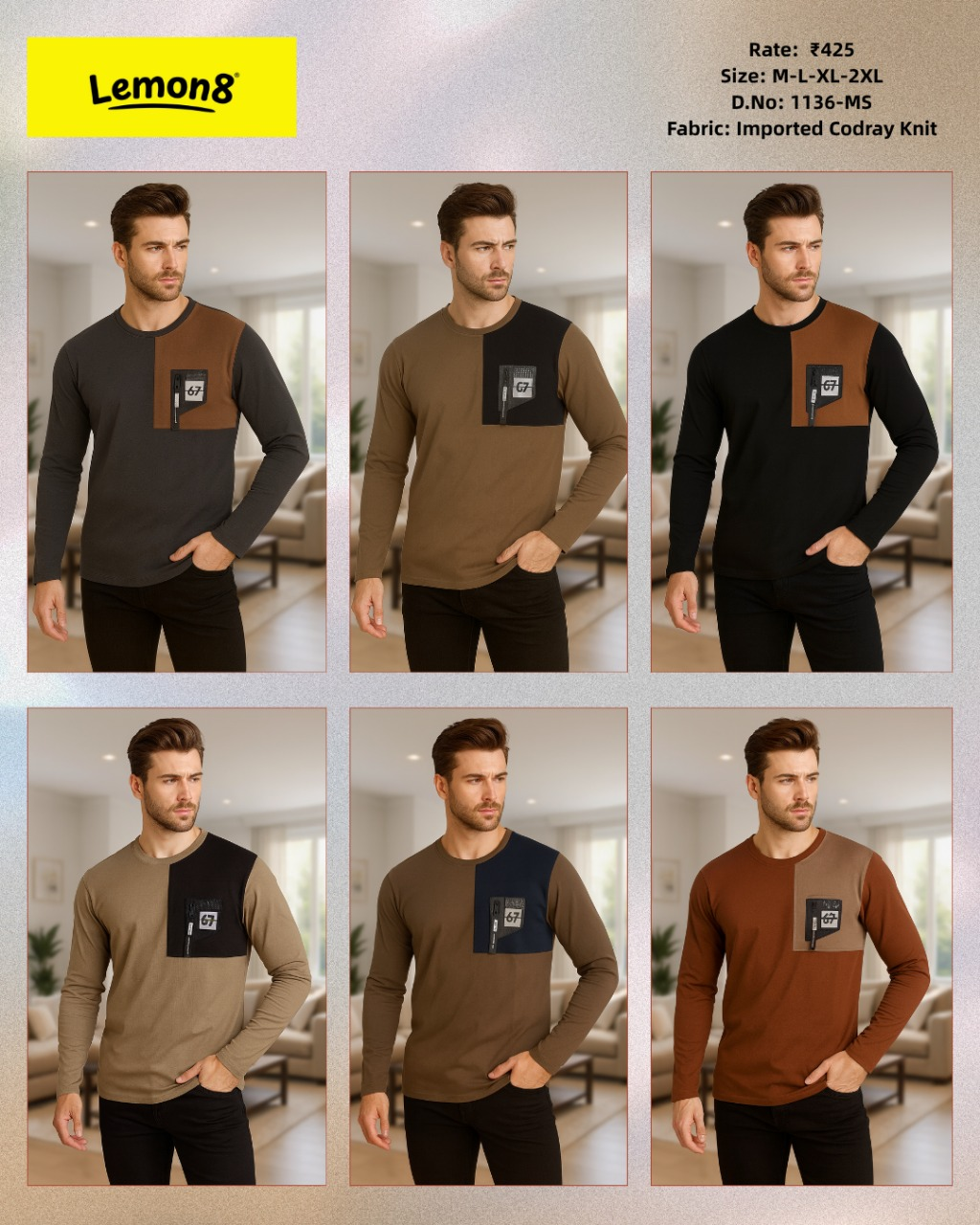 Men's Two-Tone Colour Block Full Sleeve T-Shirt in 6 dual-tone combinations - Charcoal Brown, Olive Brown, Black Brown, Khaki Navy, Olive Navy and Rust Brown