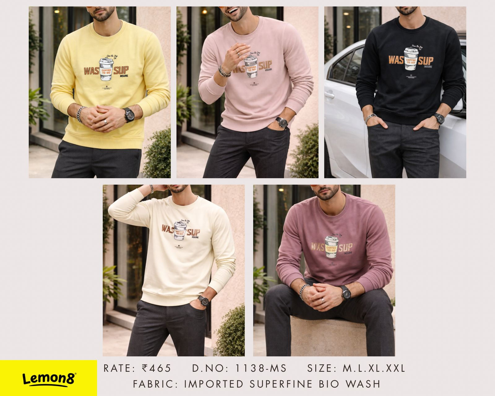 Men's Wassup Coffee Graphic Crew Neck Sweatshirt in 5 colours - Yellow, Light Pink, Black, Cream and Mauve