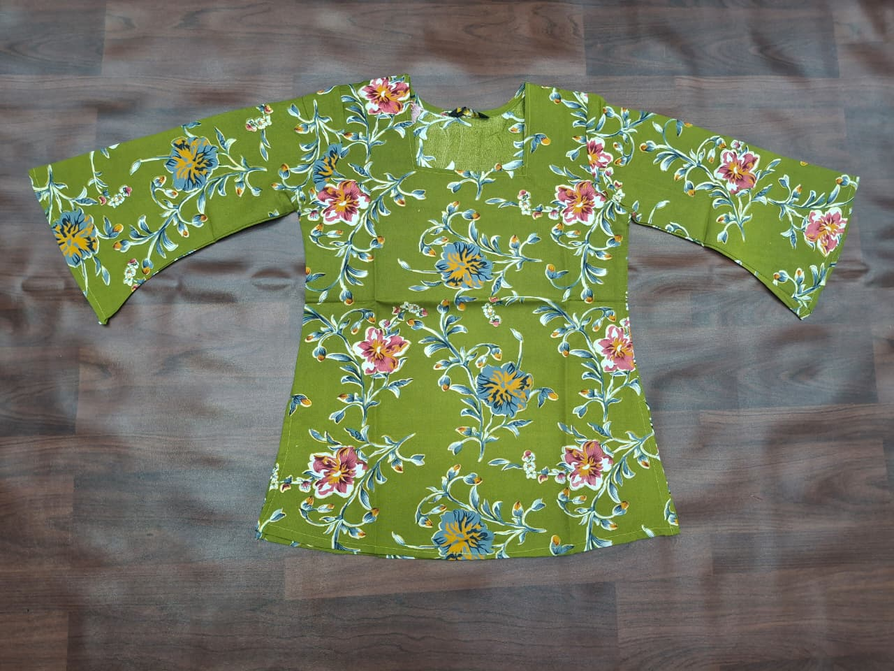 Olive Green Floral Print Kurti with 3/4 Bell Sleeves